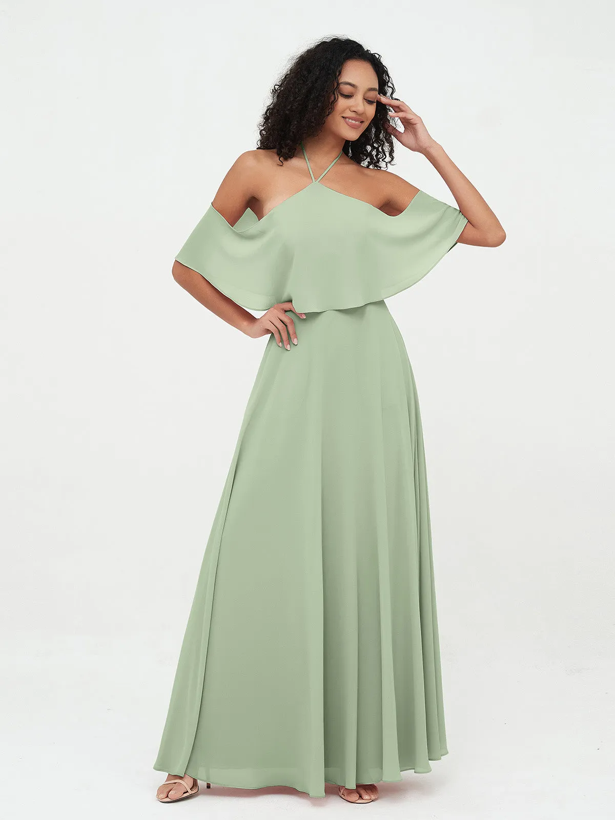 Halter Off the Shoulder Max Dresses with Pockets-Dusty Sage