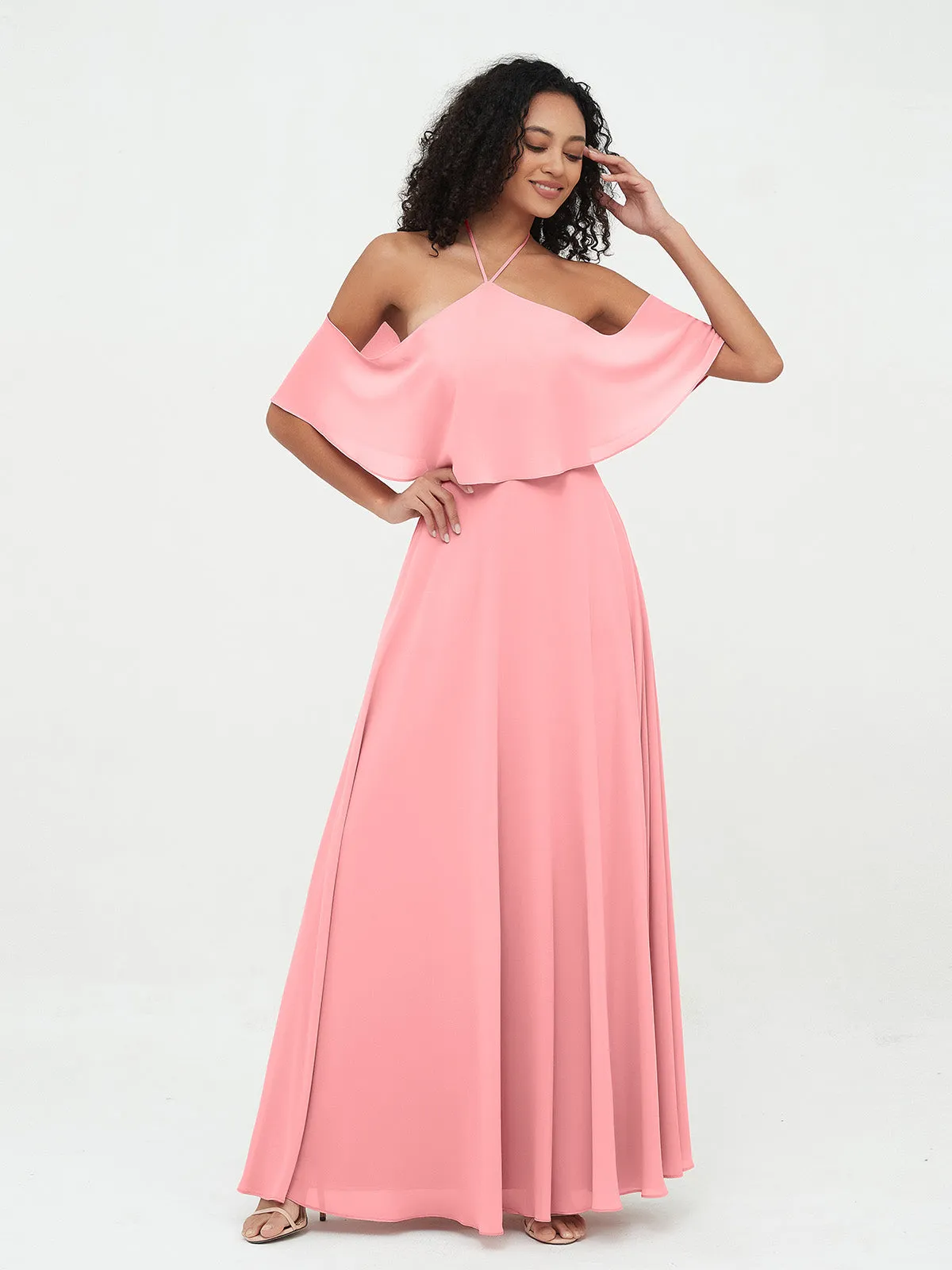 Halter Off the Shoulder Max Dresses with Pockets-Flamingo Plus Size