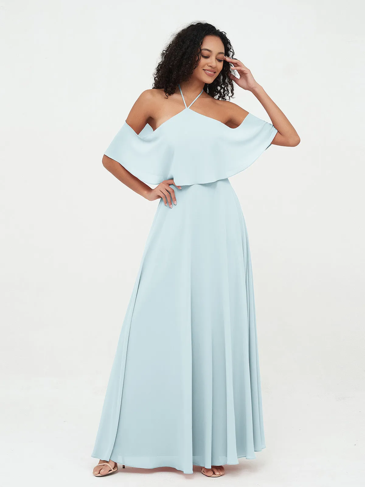 Halter Off the Shoulder Max Dresses with Pockets-Mist