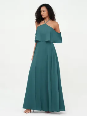 Halter Off the Shoulder Max Dresses with Pockets-Peacock