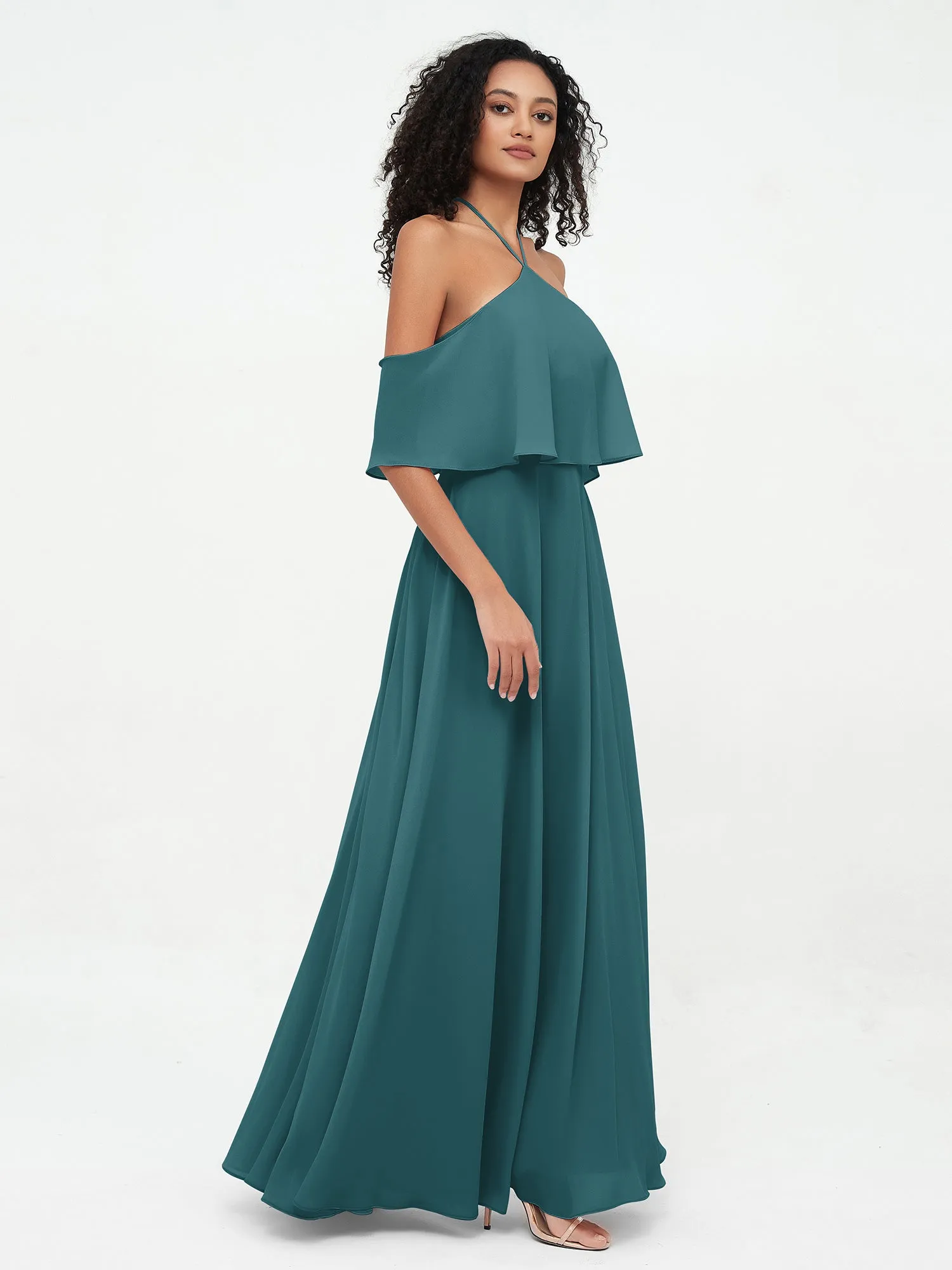 Halter Off the Shoulder Max Dresses with Pockets-Peacock