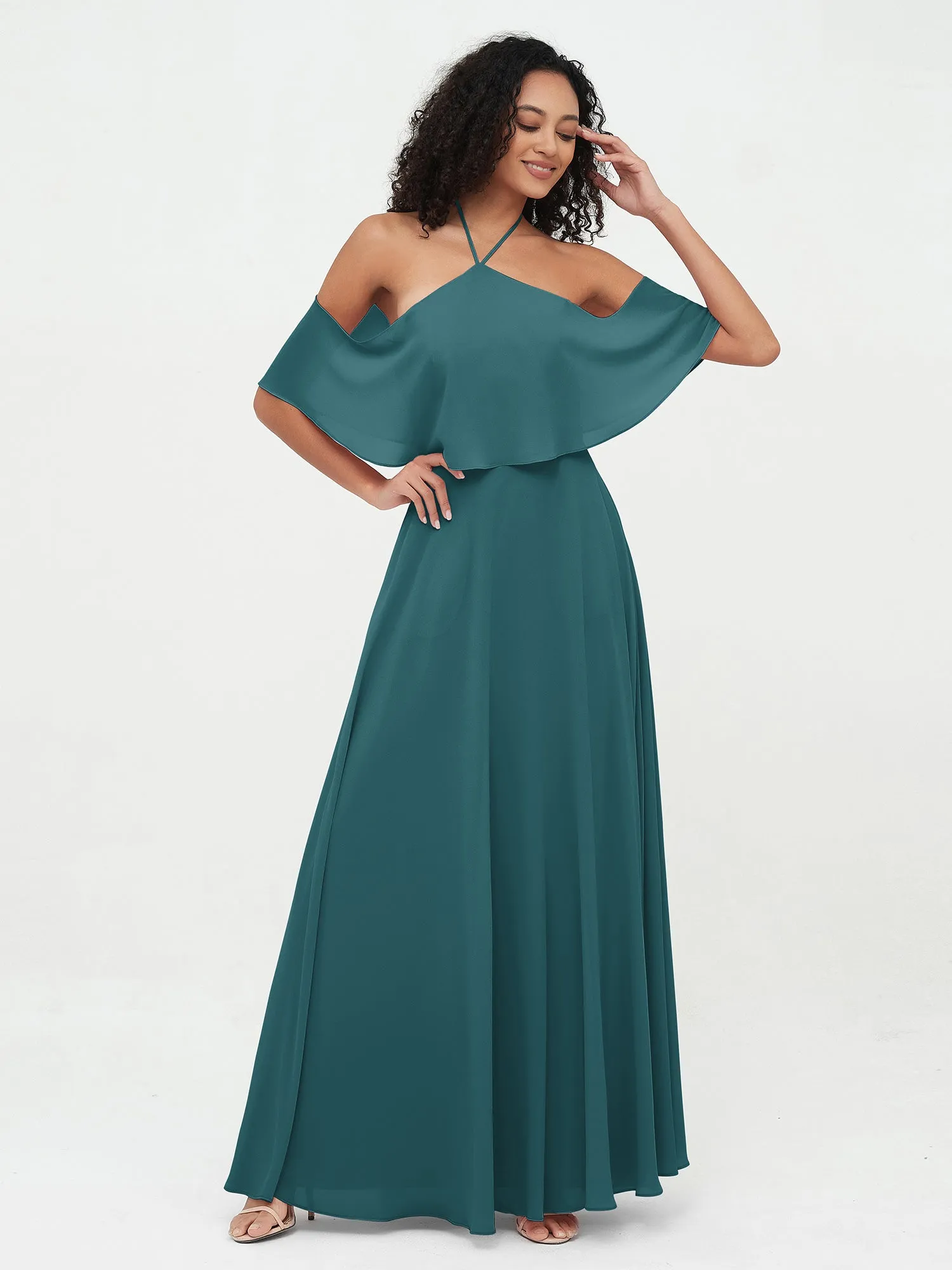 Halter Off the Shoulder Max Dresses with Pockets-Peacock