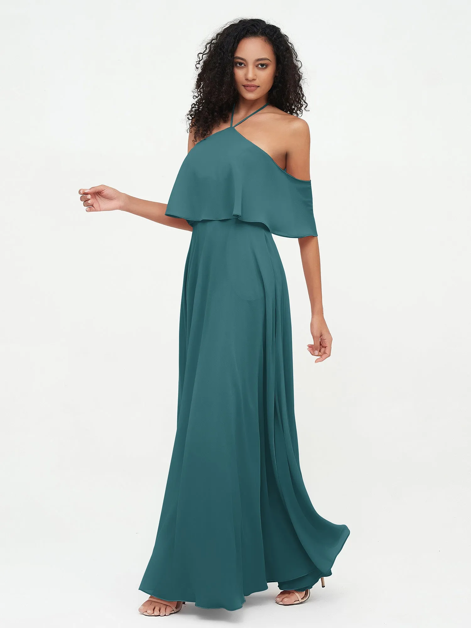 Halter Off the Shoulder Max Dresses with Pockets-Peacock