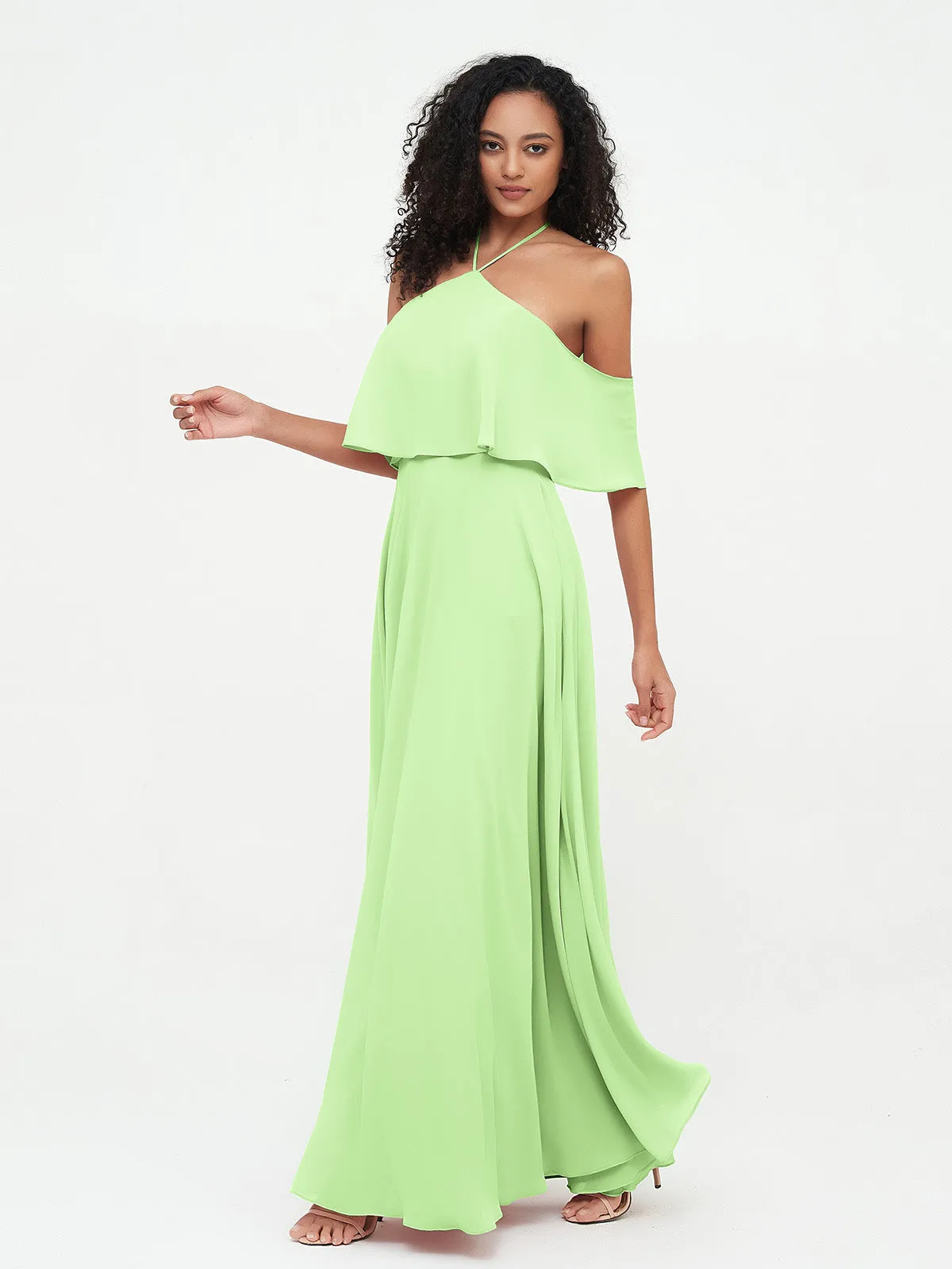 Halter Off the Shoulder Max Dresses with Pockets-Sage