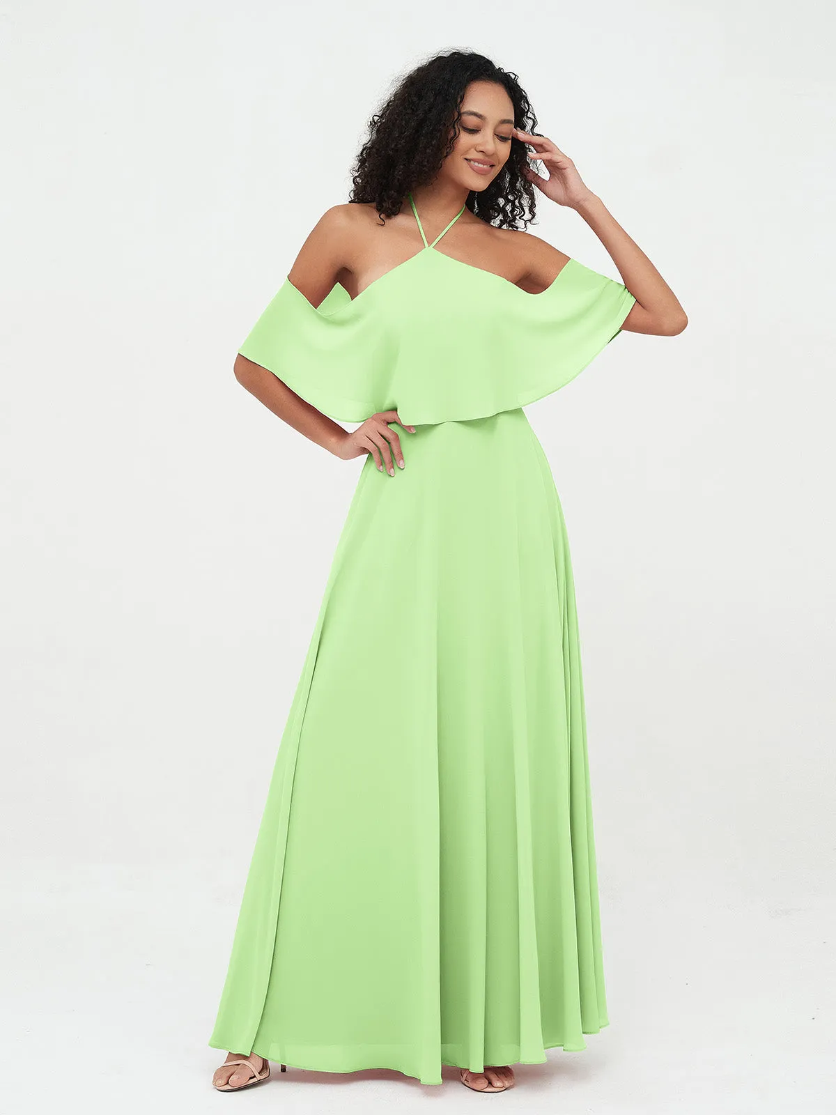 Halter Off the Shoulder Max Dresses with Pockets-Sage