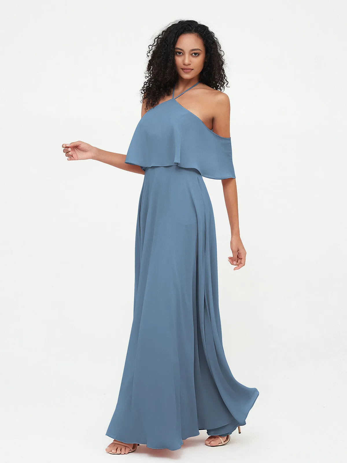 Halter Off the Shoulder Max Dresses with Pockets-Slate Blue