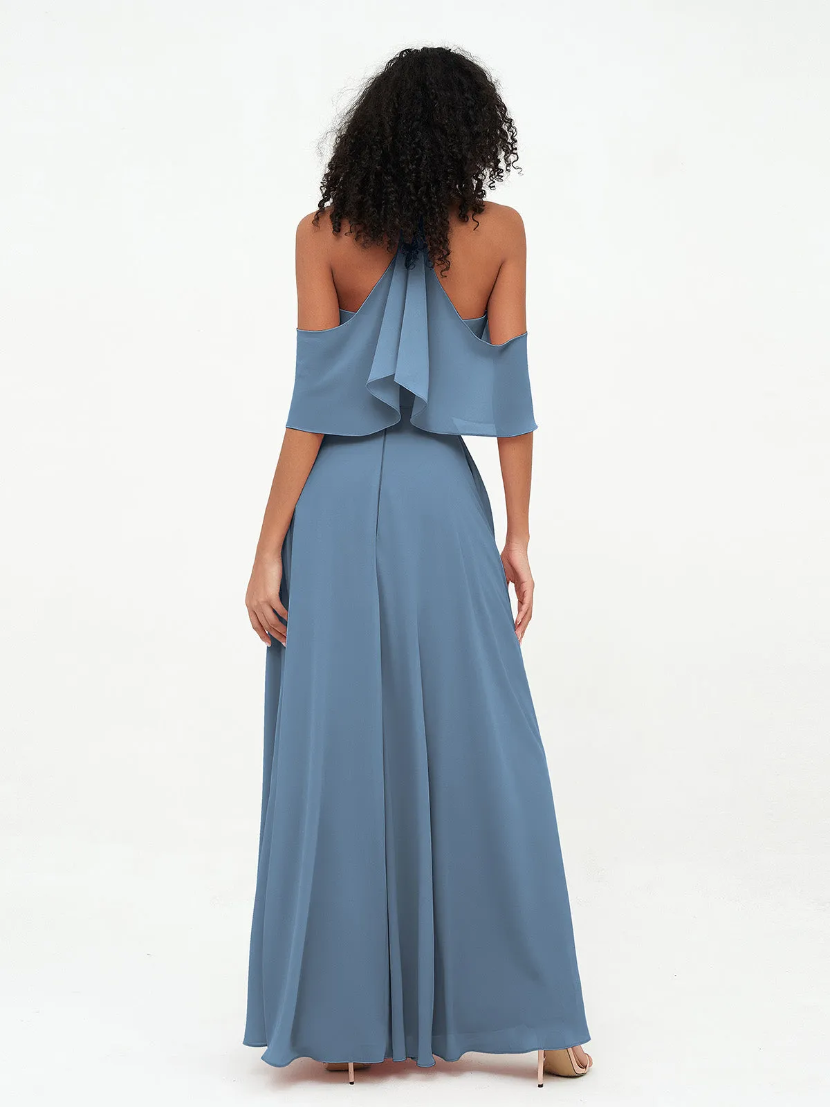 Halter Off the Shoulder Max Dresses with Pockets-Slate Blue
