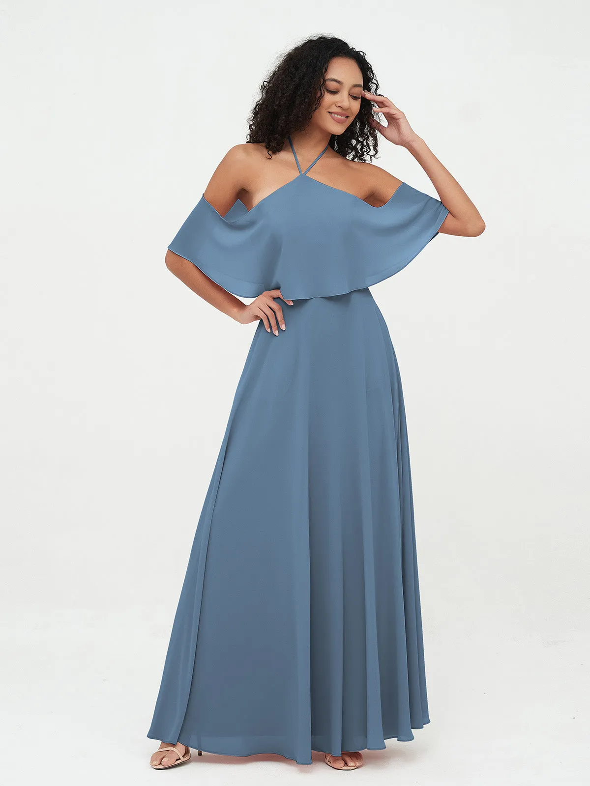 Halter Off the Shoulder Max Dresses with Pockets-Slate Blue