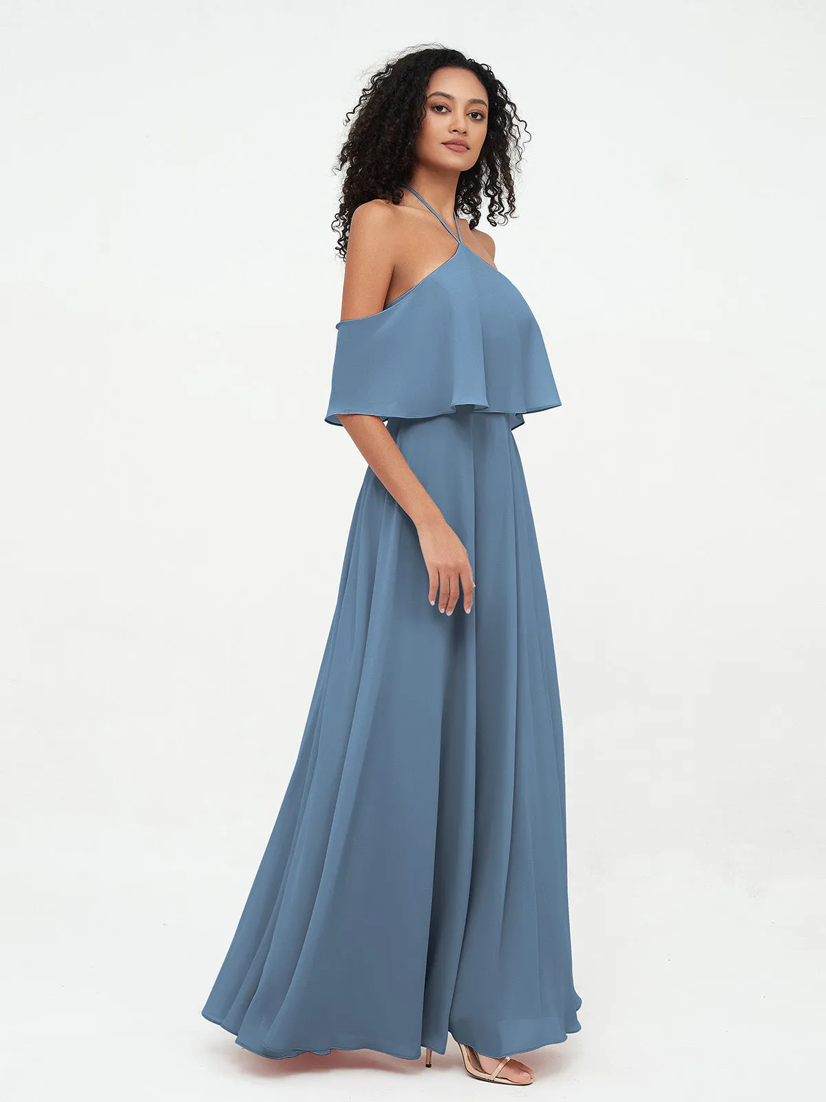 Halter Off the Shoulder Max Dresses with Pockets-Slate Blue