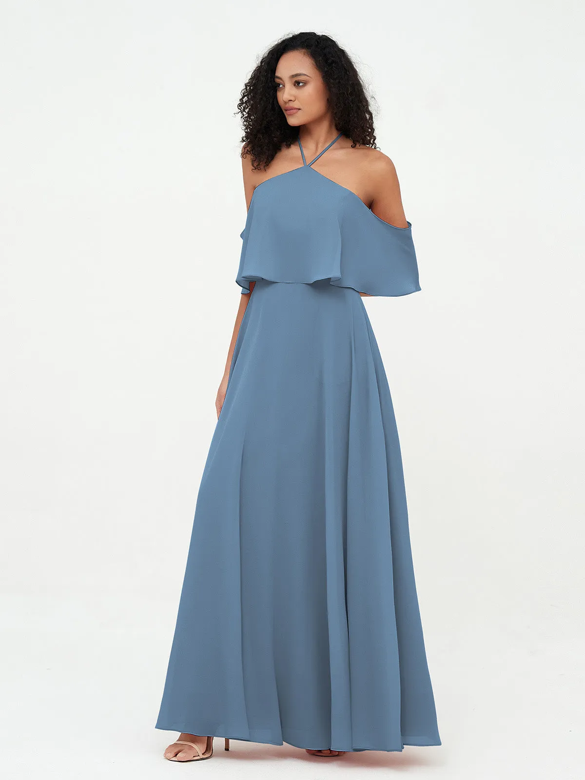 Halter Off the Shoulder Max Dresses with Pockets-Slate Blue
