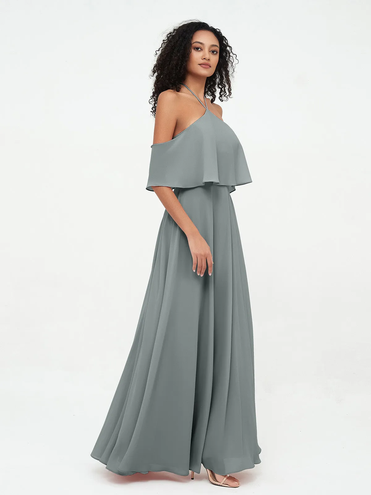 Halter Off the Shoulder Max Dresses with Pockets-Steel Grey Plus Size