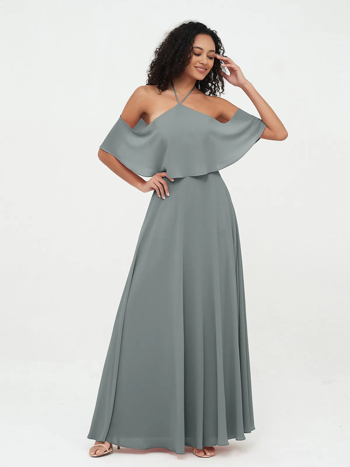 Halter Off the Shoulder Max Dresses with Pockets-Steel Grey Plus Size