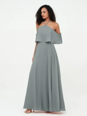 Halter Off the Shoulder Max Dresses with Pockets-Steel Grey Plus Size