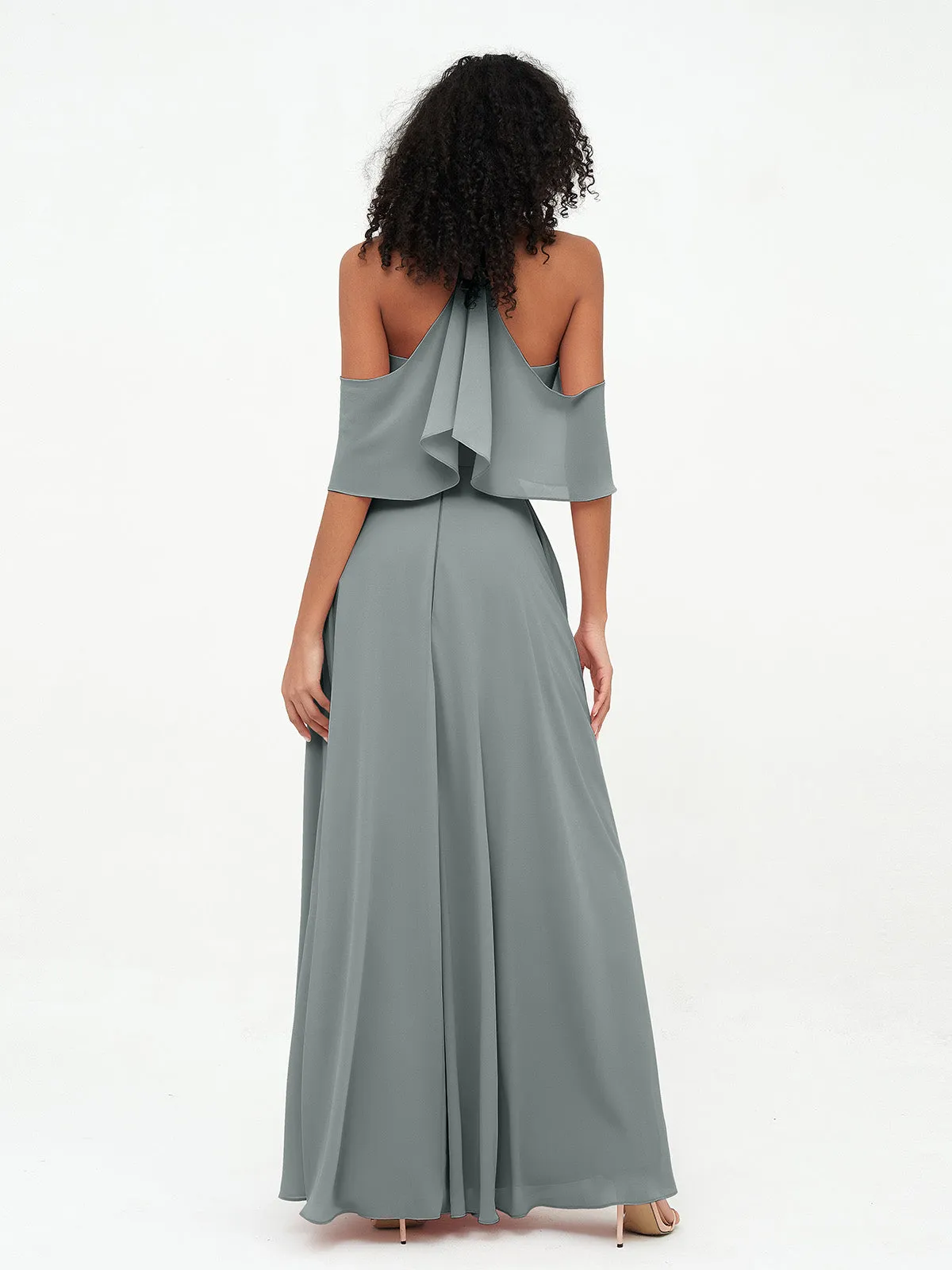 Halter Off the Shoulder Max Dresses with Pockets-Steel Grey Plus Size