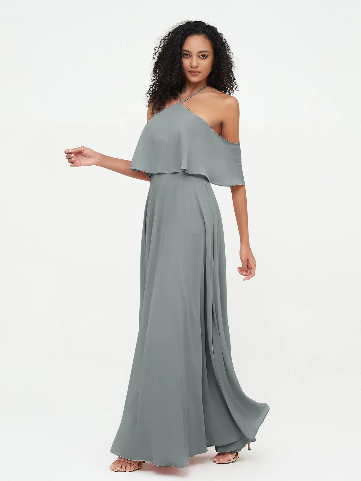Halter Off the Shoulder Max Dresses with Pockets-Steel Grey Plus Size