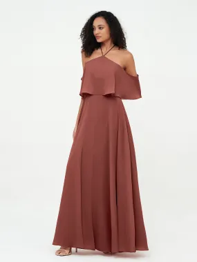 Halter Off the Shoulder Max Dresses with Pockets-Terracotta Plus Size
