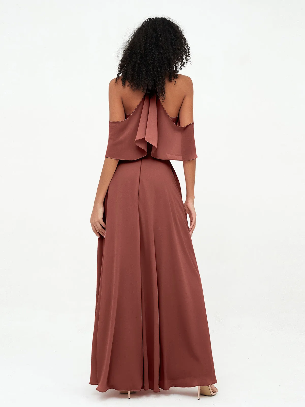 Halter Off the Shoulder Max Dresses with Pockets-Terracotta Plus Size