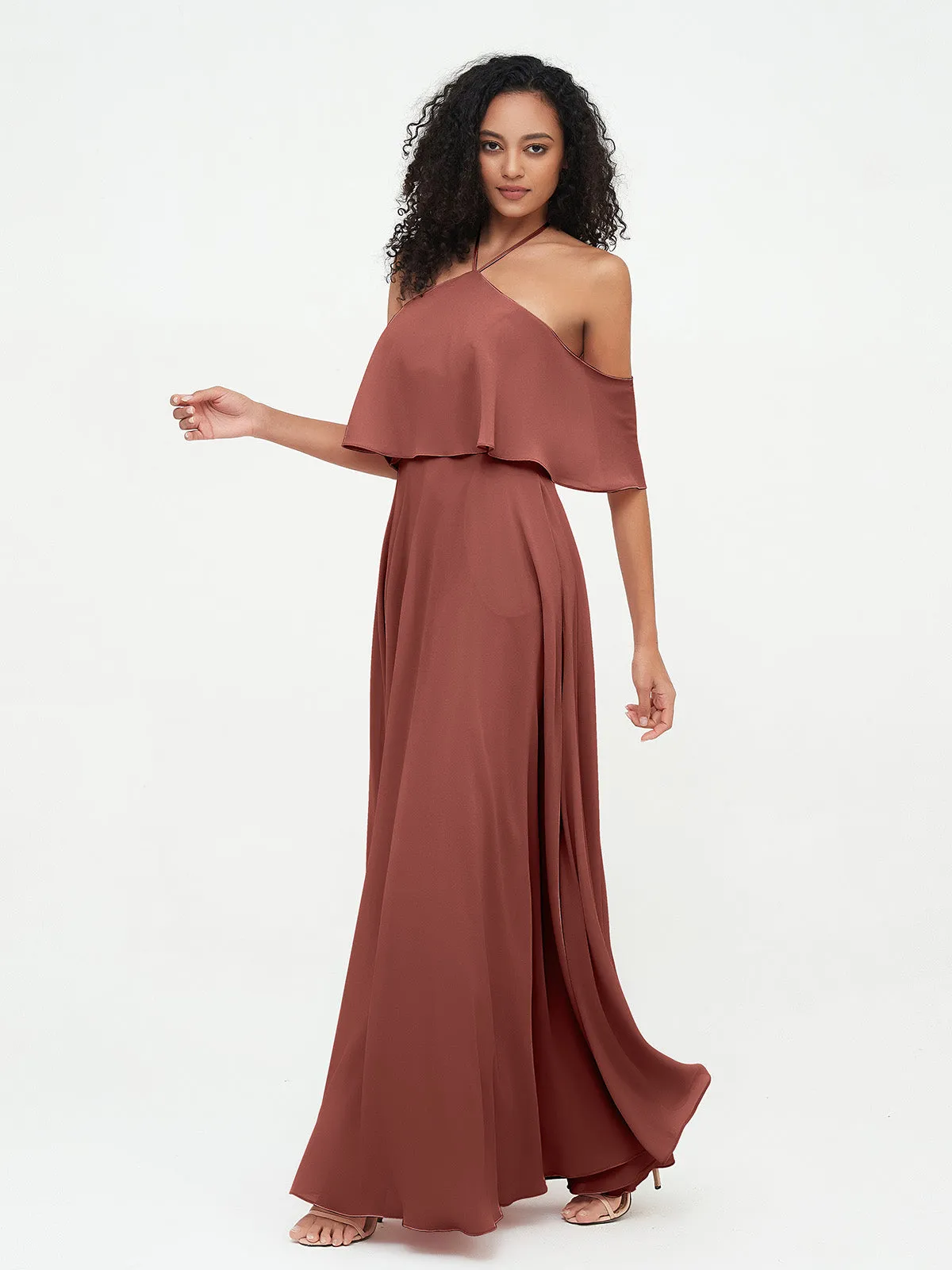 Halter Off the Shoulder Max Dresses with Pockets-Terracotta Plus Size