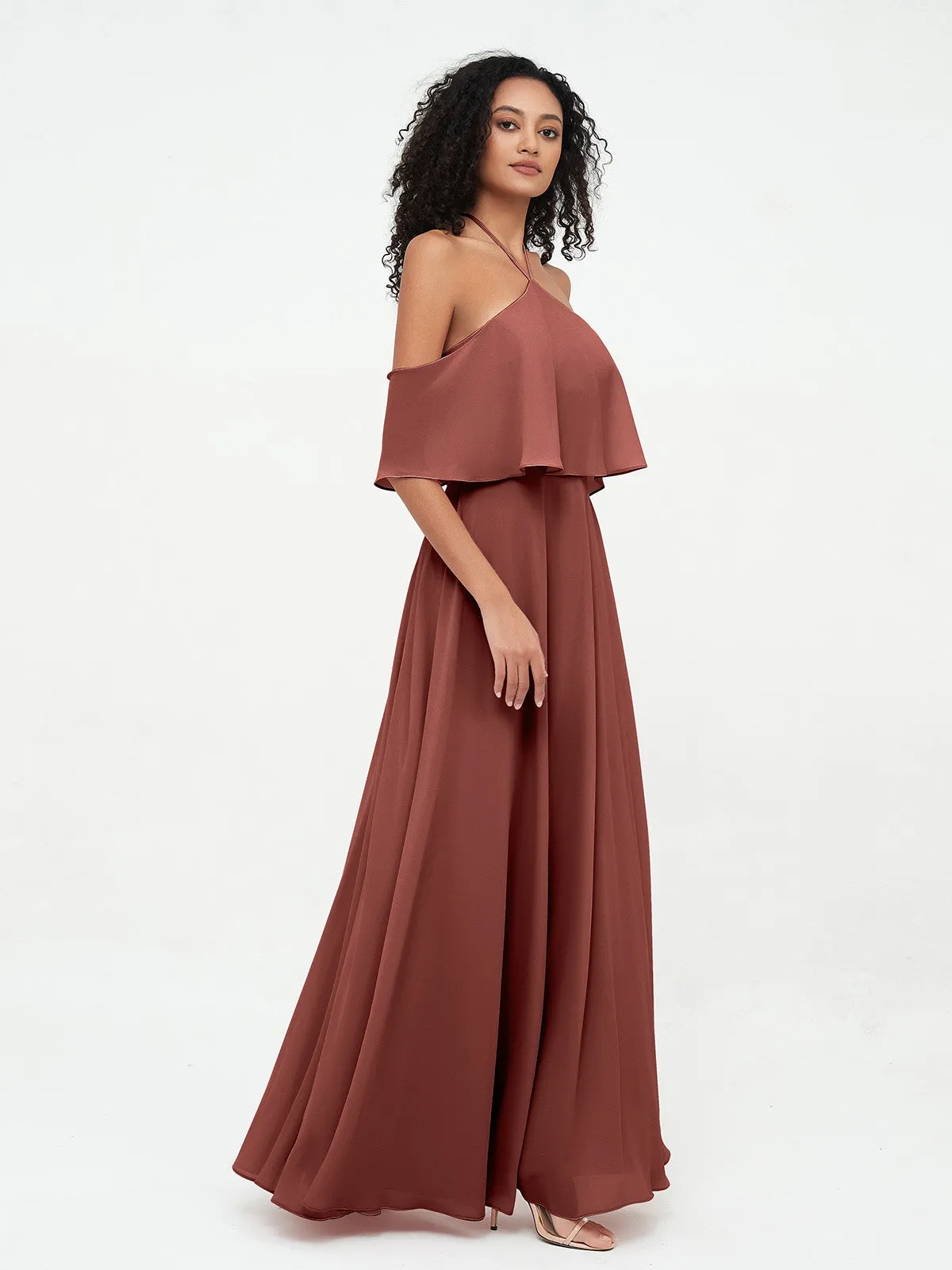 Halter Off the Shoulder Max Dresses with Pockets-Terracotta Plus Size