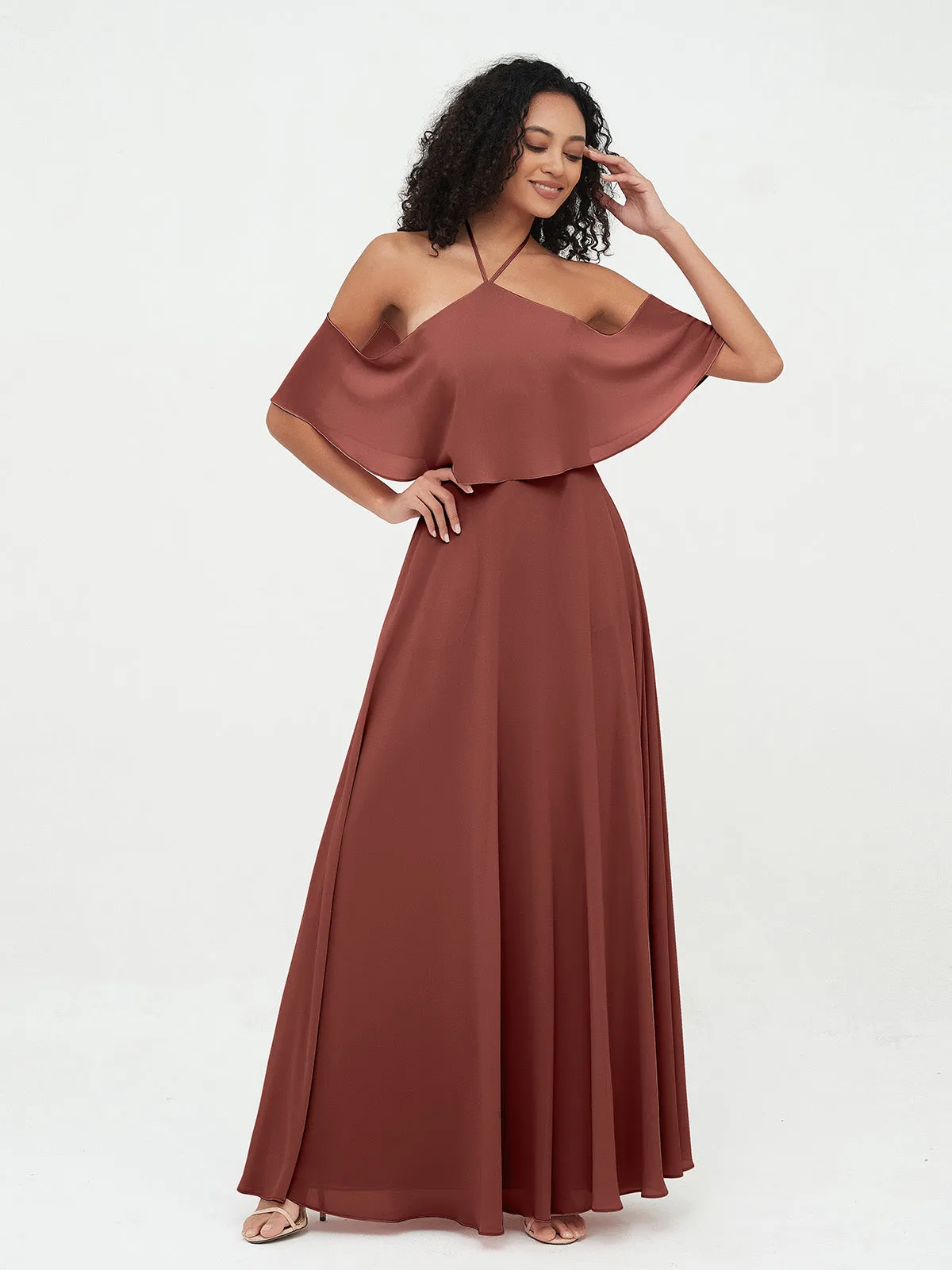 Halter Off the Shoulder Max Dresses with Pockets-Terracotta Plus Size