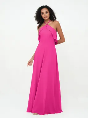 Halter Strap Chiffon Long Bridesmaid Dresses Fuchsia Plus Size