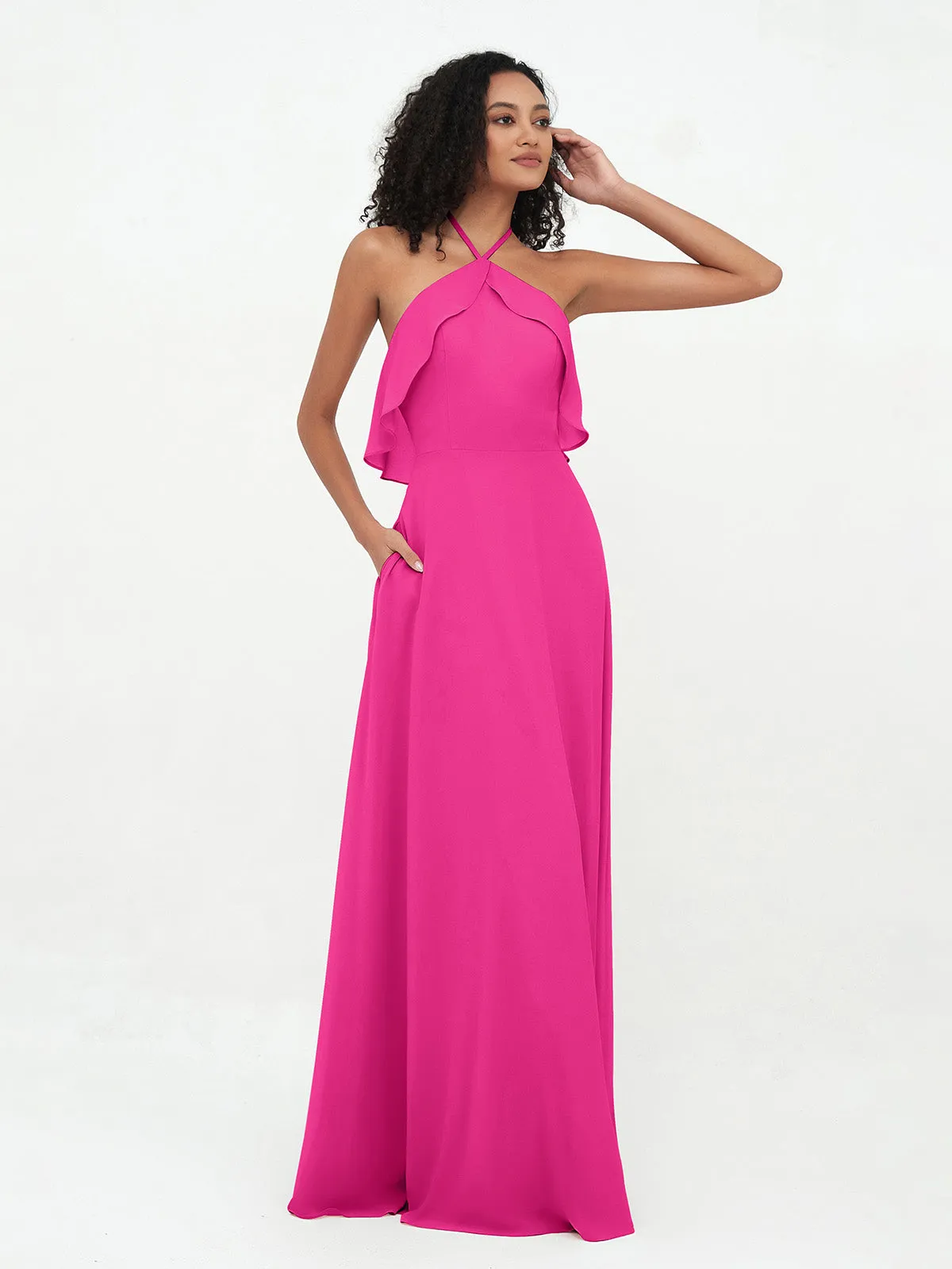 Halter Strap Chiffon Long Bridesmaid Dresses Fuchsia Plus Size