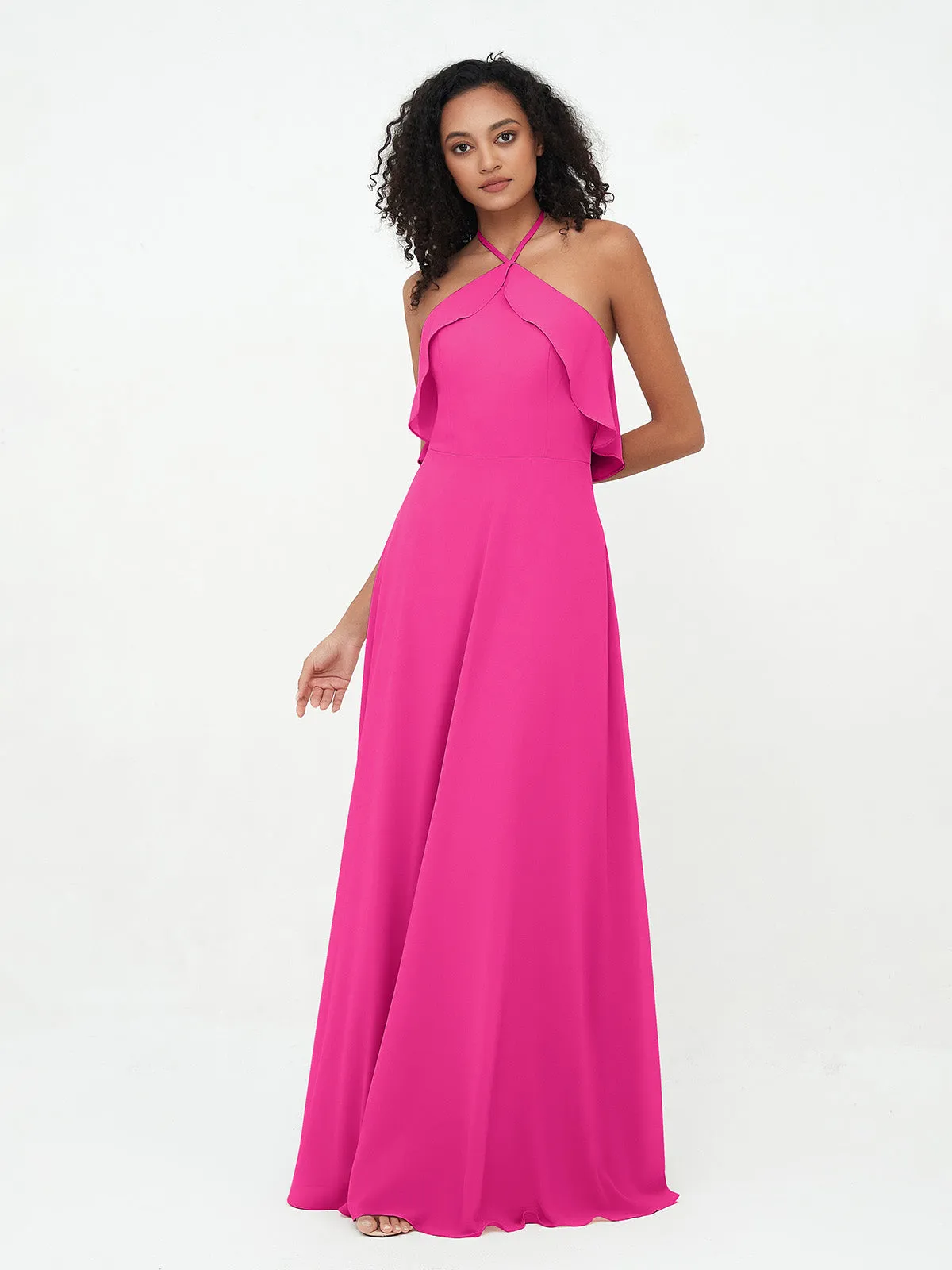 Halter Strap Chiffon Long Bridesmaid Dresses Fuchsia Plus Size