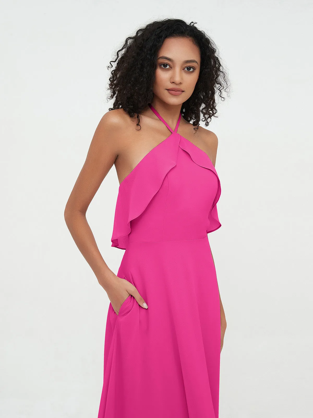 Halter Strap Chiffon Long Bridesmaid Dresses Fuchsia Plus Size