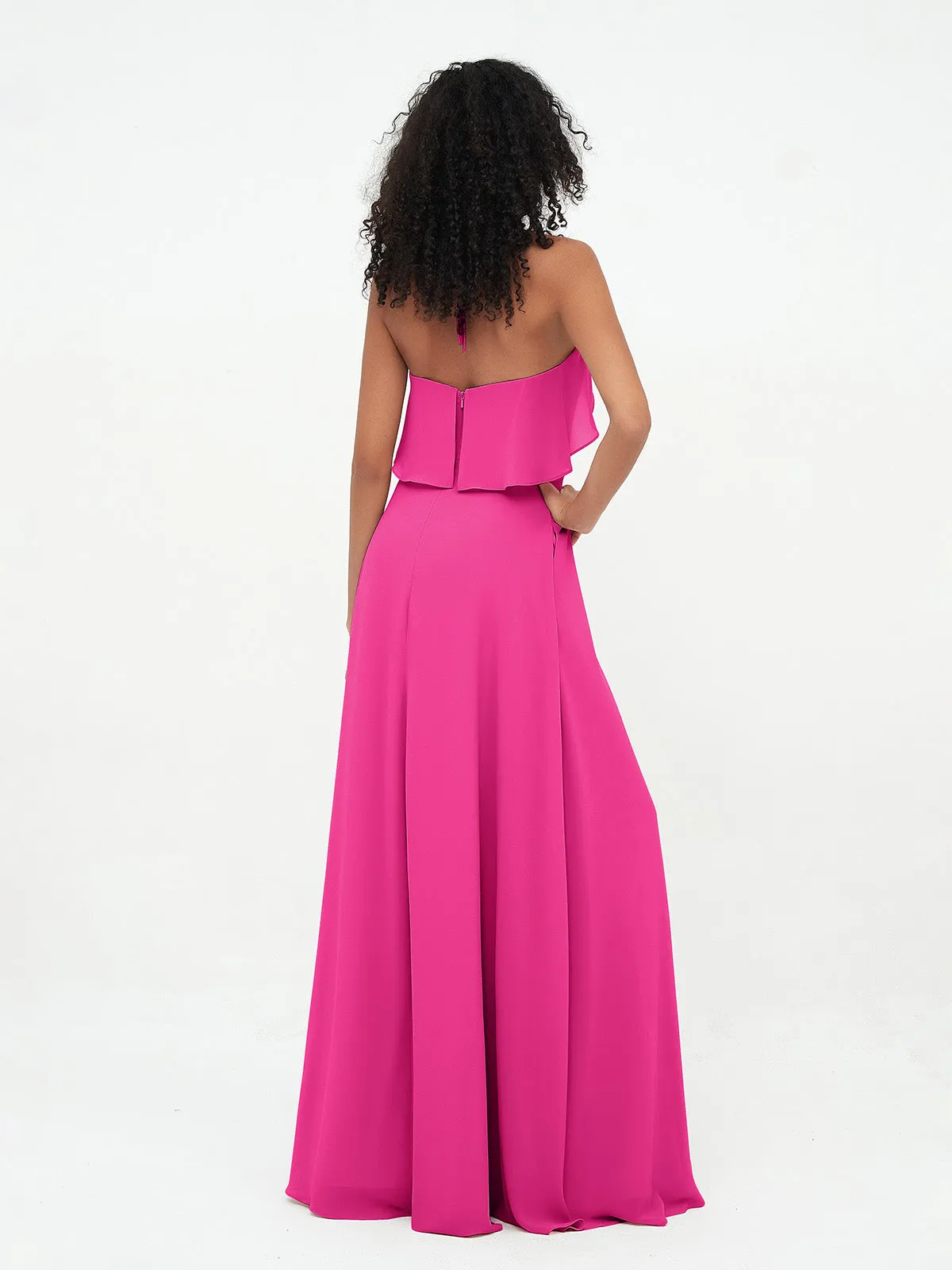 Halter Strap Chiffon Long Bridesmaid Dresses Fuchsia Plus Size