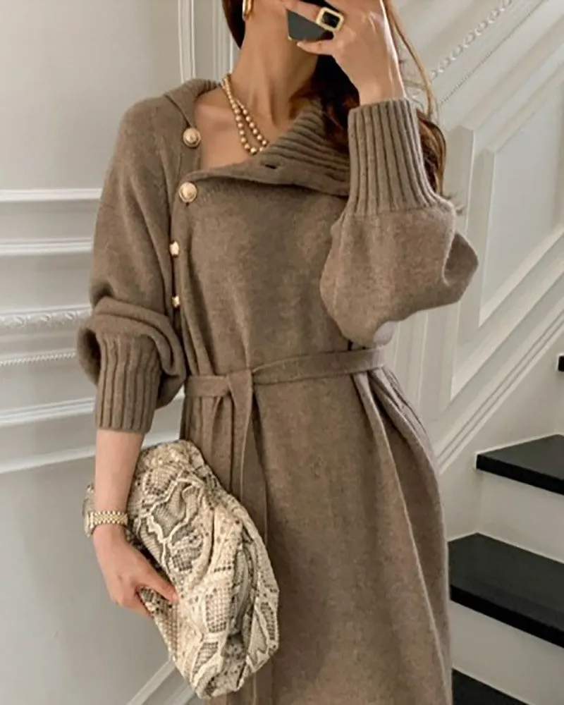 High Neck Buttoned Lantern Sleeve Sweater Dress With Belt