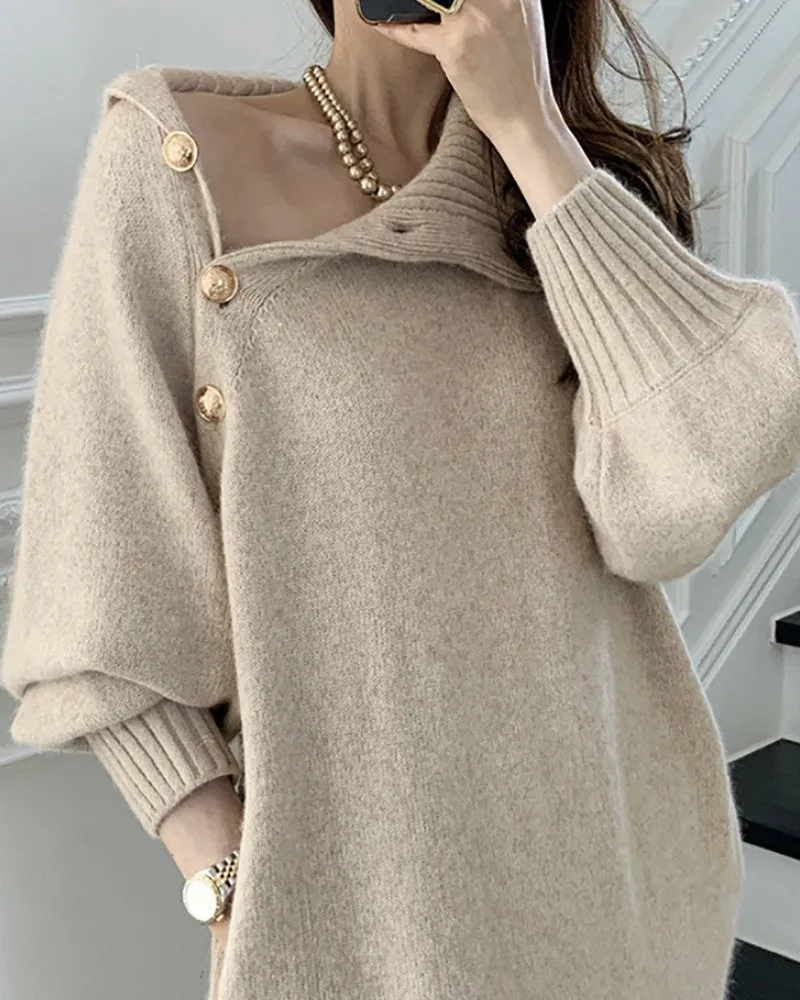 High Neck Buttoned Lantern Sleeve Sweater Dress With Belt
