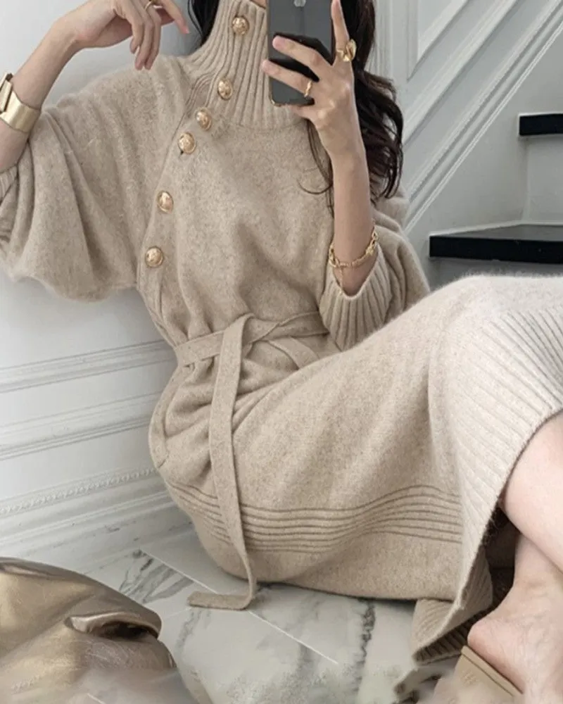 High Neck Buttoned Lantern Sleeve Sweater Dress With Belt