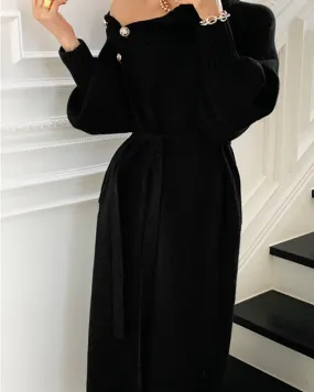 High Neck Buttoned Lantern Sleeve Sweater Dress With Belt