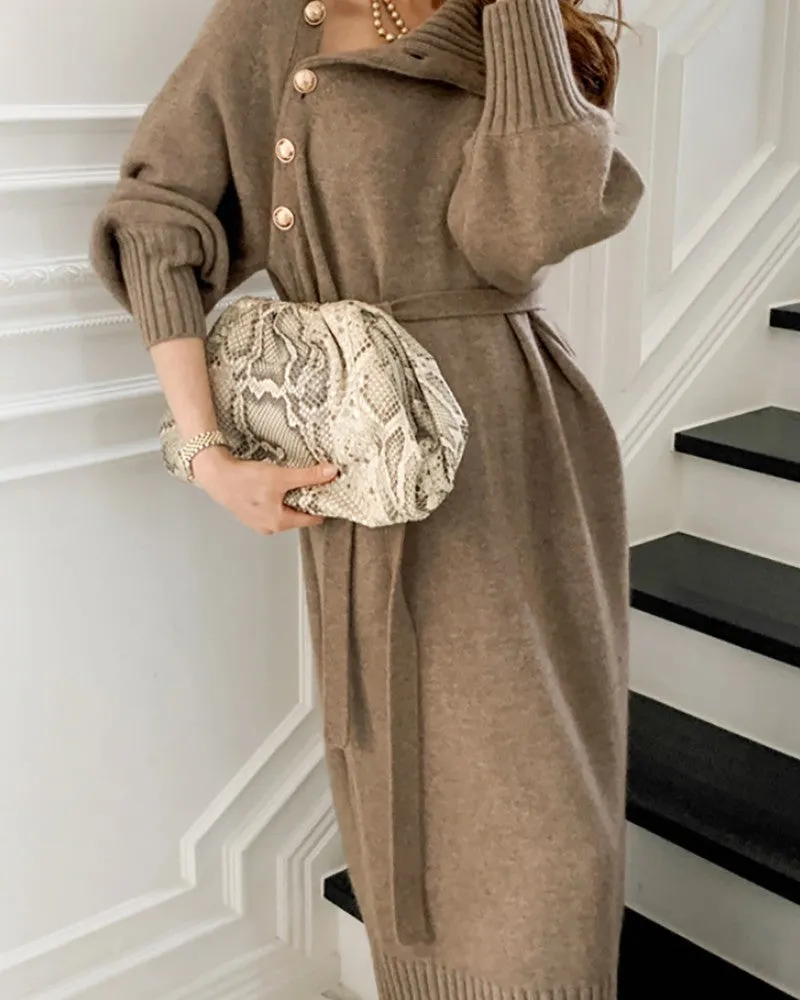 High Neck Buttoned Lantern Sleeve Sweater Dress With Belt