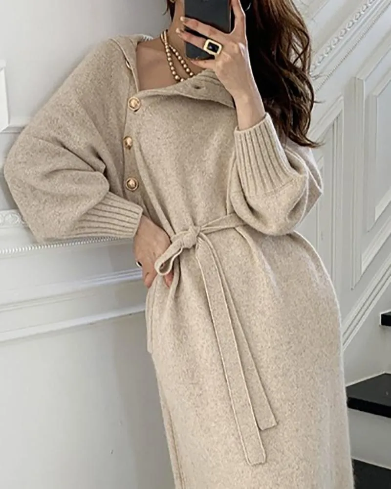 High Neck Buttoned Lantern Sleeve Sweater Dress With Belt