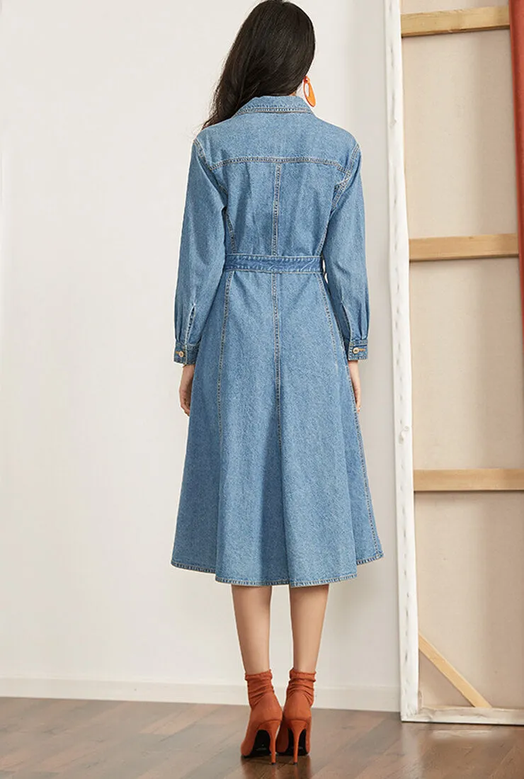 High Waist Denim Shirt Midi Dress