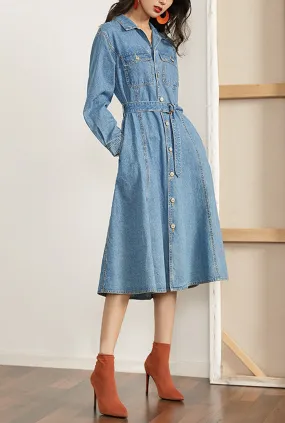 High Waist Denim Shirt Midi Dress