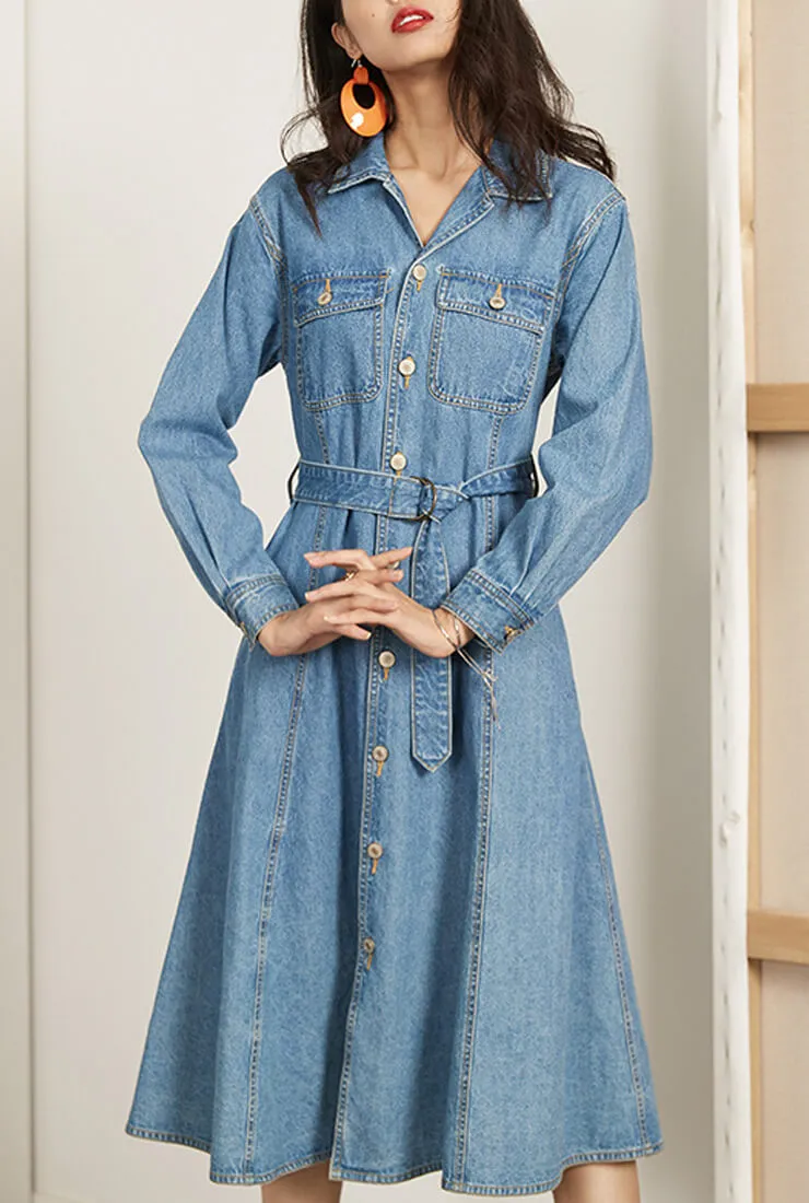 High Waist Denim Shirt Midi Dress