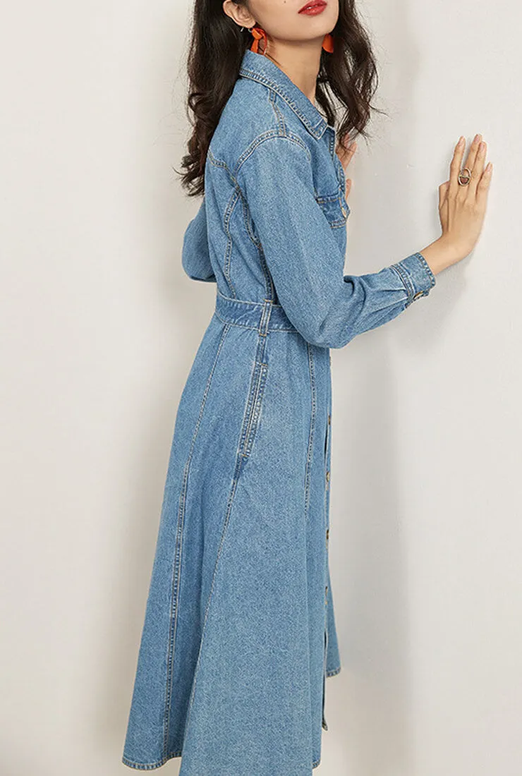 High Waist Denim Shirt Midi Dress