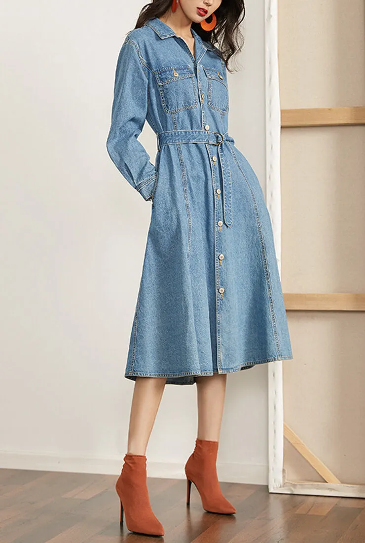 High Waist Denim Shirt Midi Dress