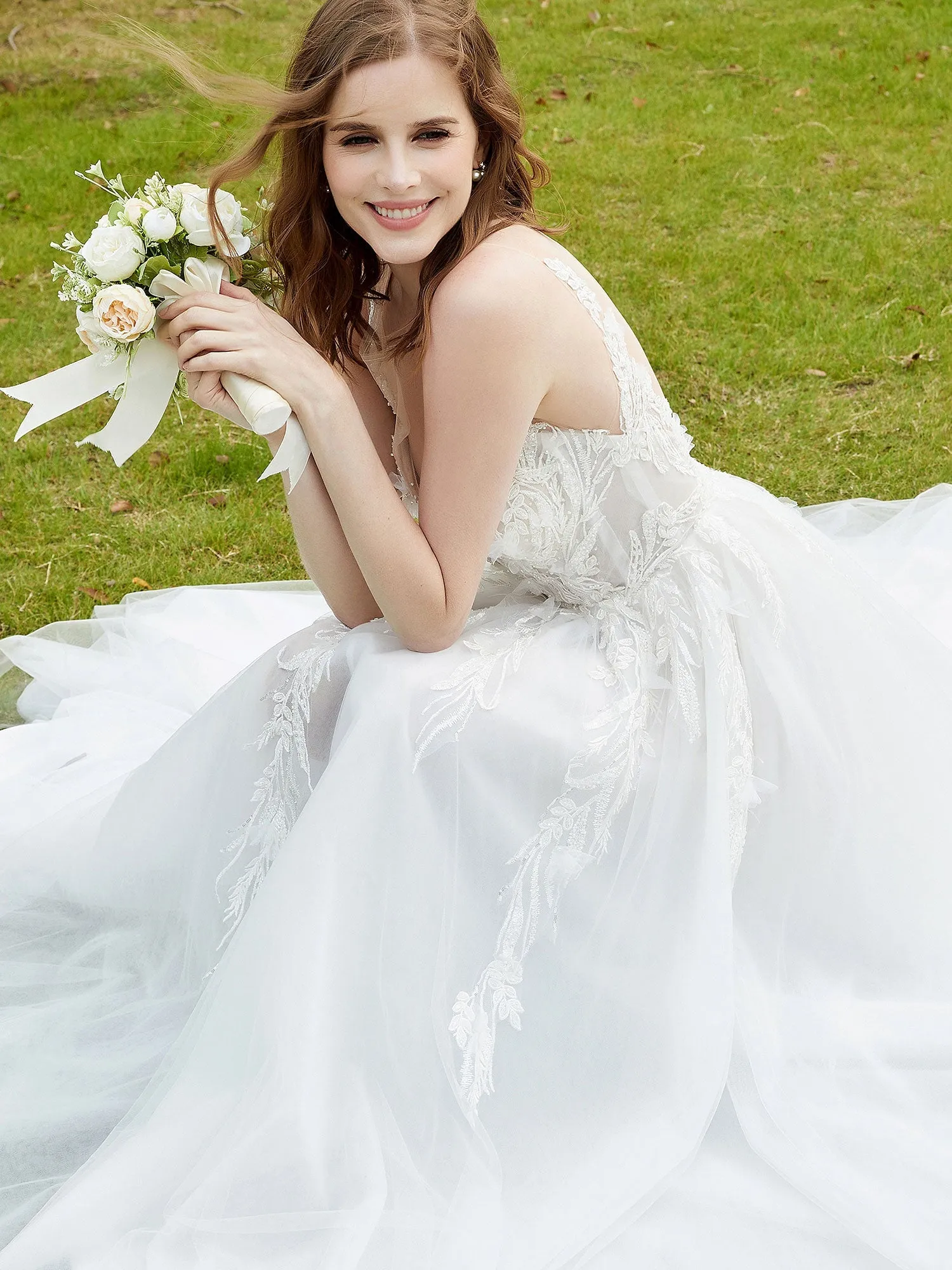Illusion Plunging V-Neck Lace Bodice Wedding Dress-White