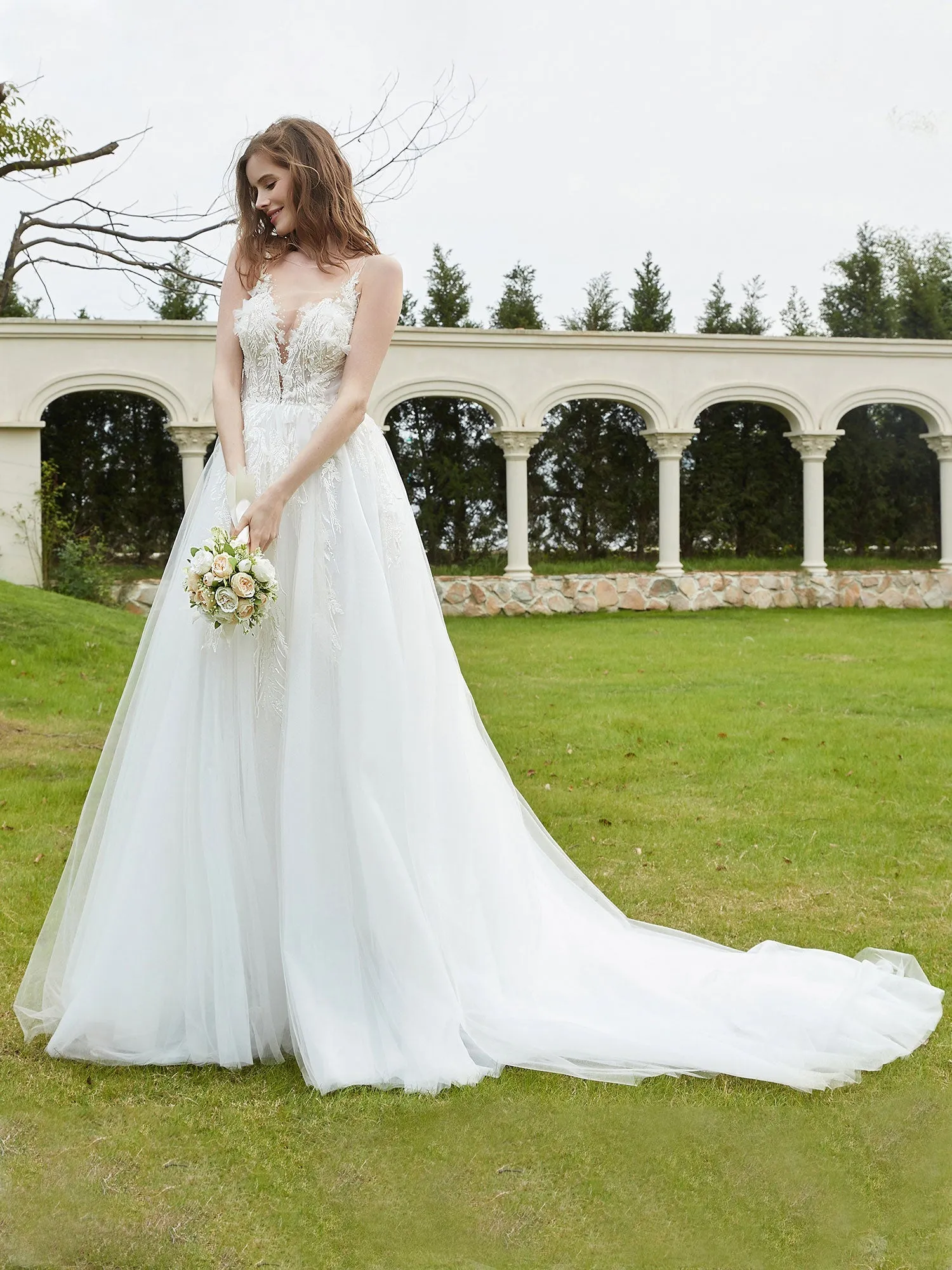 Illusion Plunging V-Neck Lace Bodice Wedding Dress-White