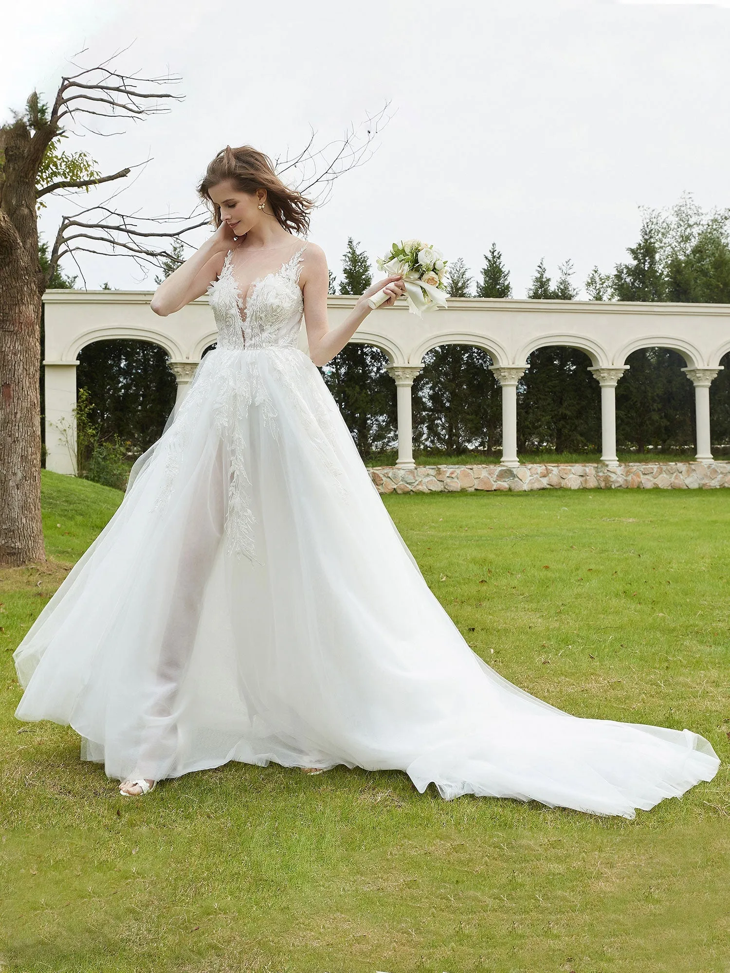 Illusion Plunging V-Neck Lace Bodice Wedding Dress-White