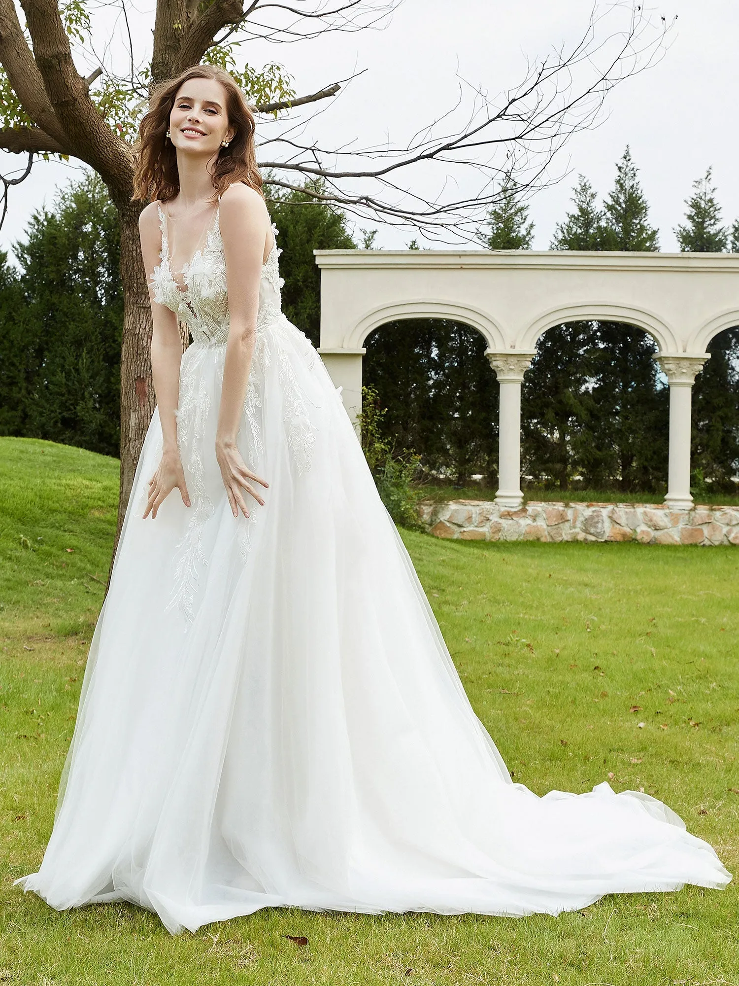 Illusion Plunging V-Neck Lace Bodice Wedding Dress-White