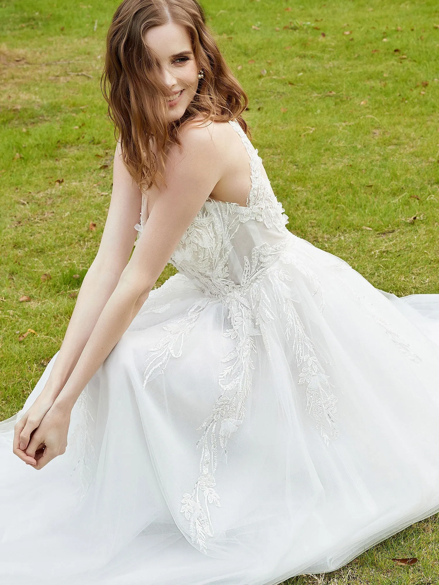 Illusion Plunging V-Neck Lace Bodice Wedding Dress-White