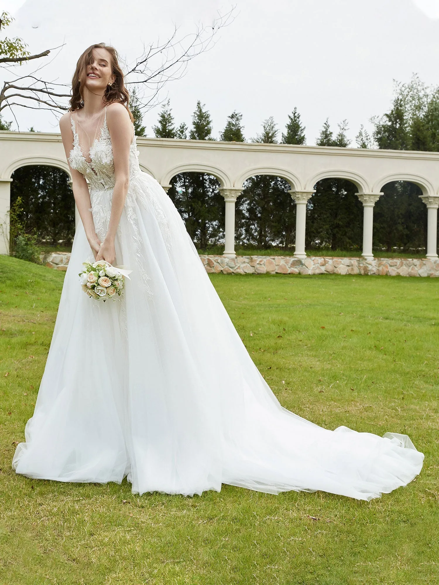 Illusion Plunging V-Neck Lace Bodice Wedding Dress-White