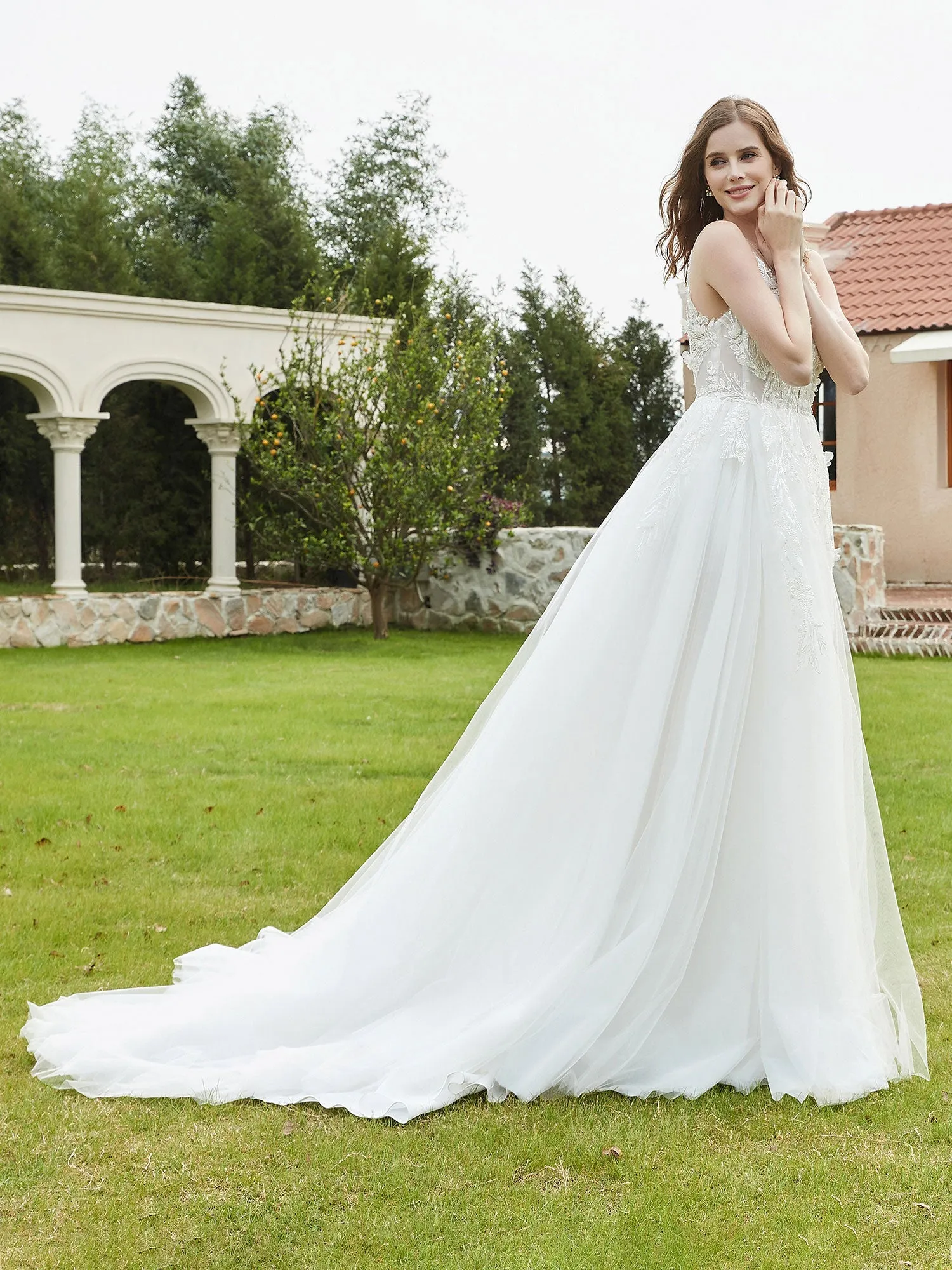 Illusion Plunging V-Neck Lace Bodice Wedding Dress-White