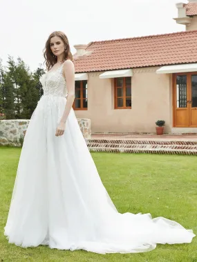 Illusion Plunging V-Neck Lace Bodice Wedding Dress-White