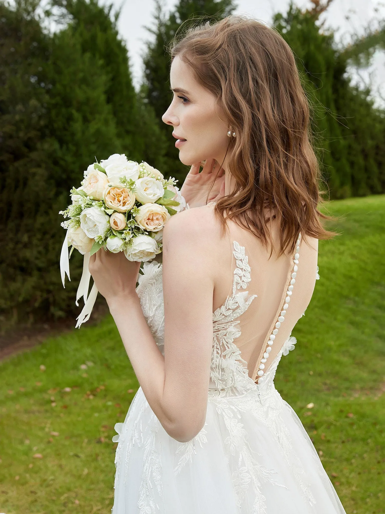 Illusion Plunging V-Neck Lace Bodice Wedding Dress-White