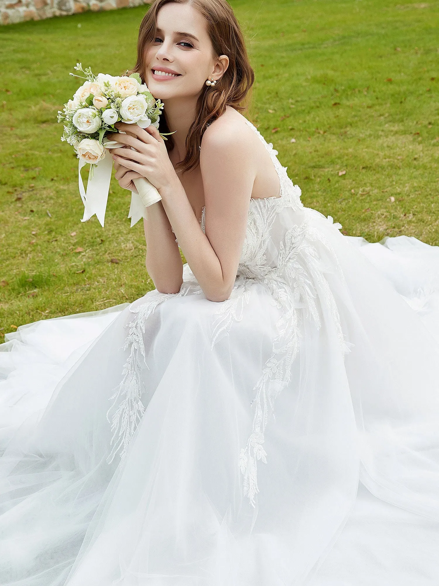 Illusion Plunging V-Neck Lace Bodice Wedding Dress-White